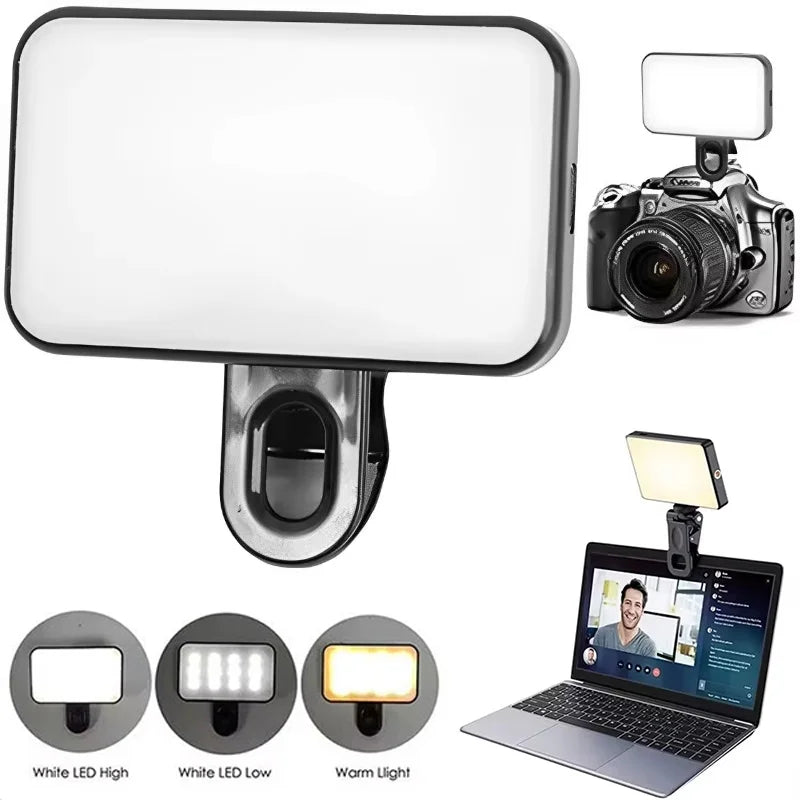 Portable Mini LED Selfie Fill Light 3 Modes Adjustable Brightness Rechargeable Clip On For Mobile Phone Laptops Live Video Light