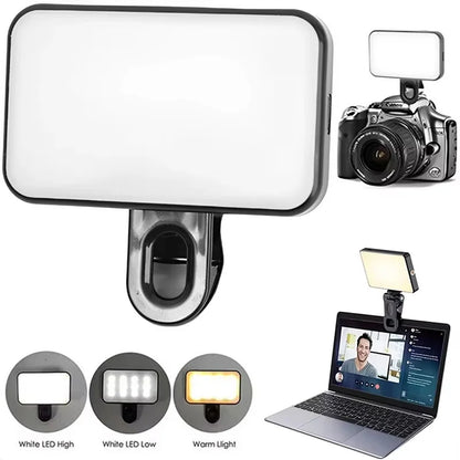 Portable Mini LED Selfie Fill Light 3 Modes Adjustable Brightness Rechargeable Clip On For Mobile Phone Laptops Live Video Light