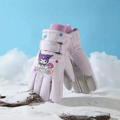 Kawaii Sanrio Ski Gloves for Kids - Kuromi Melody Pochacco Winter Mittens | Waterproof Velvet Gloves