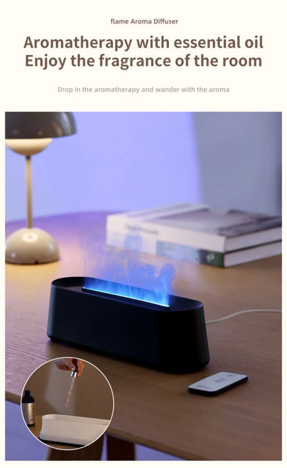 Luftbefeuchter mit Flammen-Aromatherapie-Diffusor, der ätherische Öle in 7 Farben aufnehmen kann, mit Timer und USB-Anschluss für den Schreibtisch.