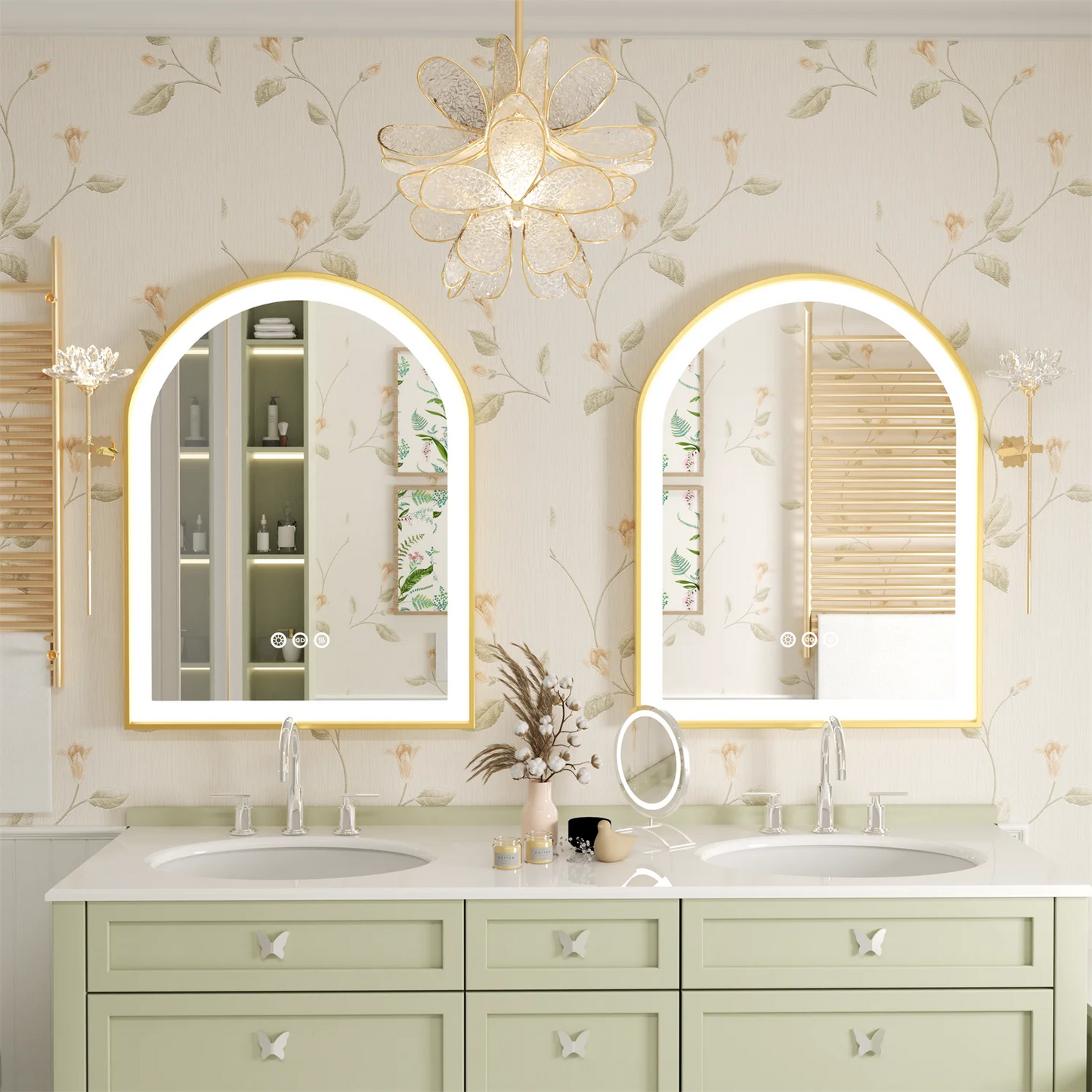 Gold Bathroom Mirror with Lights 36" LED Backlit Arch Wall Mirror Brushed Frame Touch Antifog 3 Colors Lights Adjust