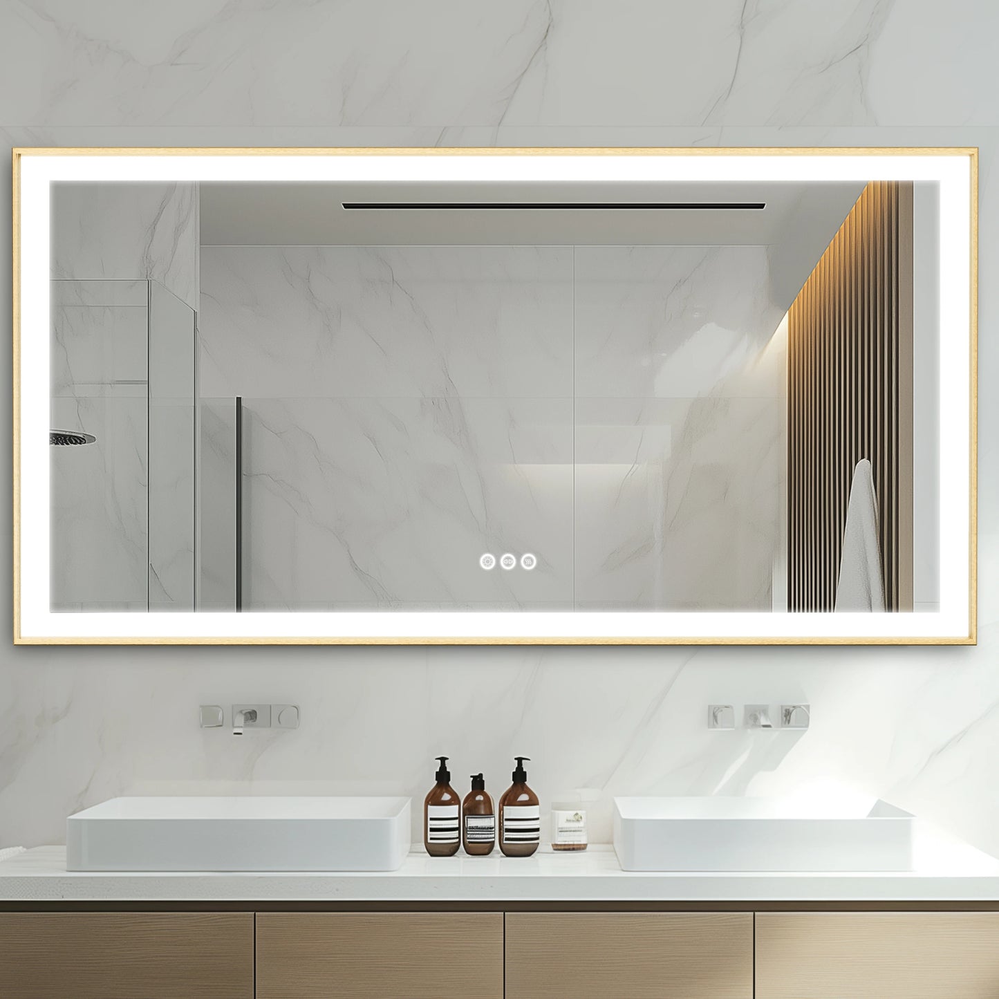 Gold Lighted Bathroom Mirror Rectangular Large LED Lighted Bathroom Mirror Gold Aluminum Frame with Front-lit Adjustable