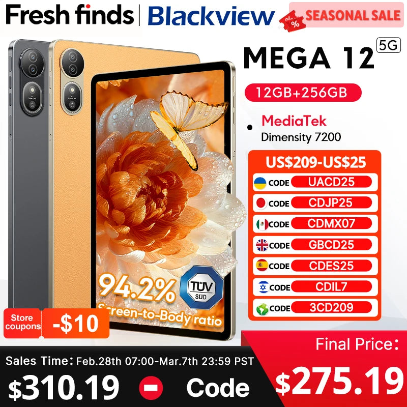 【World premiere】Blackview MEGA 12 Tablet 5G 12.2" 2.4K 120Hz Display Dimensity 7200 CPU IP69K Waterproof 50MP 10000mAh Pad PC
