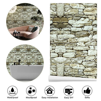 6M 3D Coffee Stone Brick Effect Wallpaper Vinyl Self Adhesive Wall Stickers