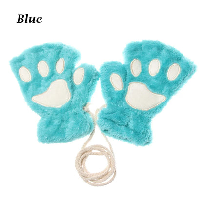 1Pair Winter Fluffy Cat Paw Children Gloves Cute Fingerless Warm Plush Mittens Fashion Warm Lovely Gloves for Girls 9 Colors