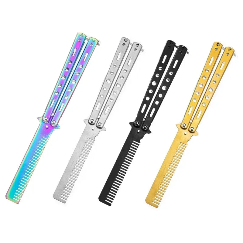 Foldable Comb Stainless Steel Practice Training Butterfly Knife Comb Beard Moustache Brushe Salon Hairdressing Hair Styling Tool