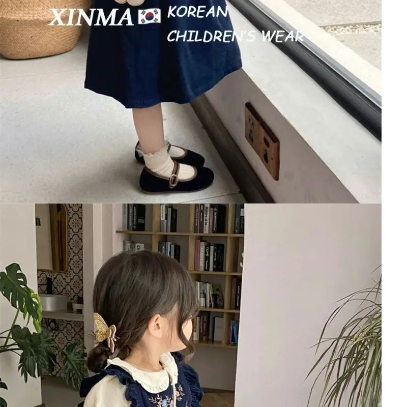 Girls Embroidered Corduroy Dress Set - Premium 2-Piece Doll Collar Shirt & Strap Skirt Outfit