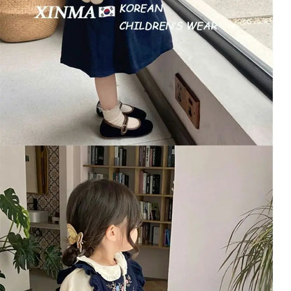 Girls Embroidered Corduroy Dress Set - Premium 2-Piece Doll Collar Shirt & Strap Skirt Outfit