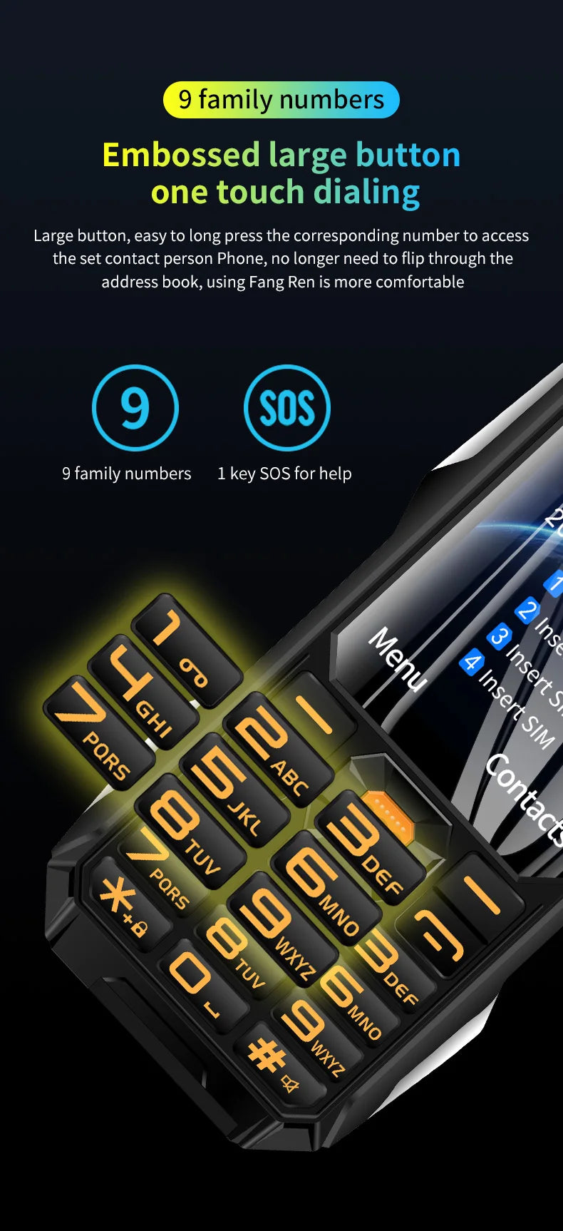 Q9 GSM 2G Network Mobile Phone 4 SIM Cards Rugged Bar Cellphone 3.5Inch HD Display Big Battery Loud Voice For Elderly