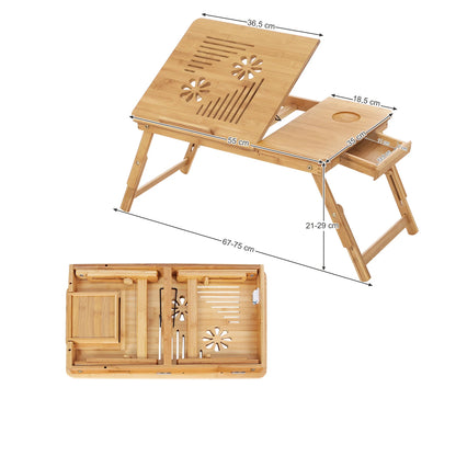 SONGMICS Bamboo Laptop Desk, Foldable Bed Table, Height Adjustable Sofa Tray, with 5 Tilting Angles, Air Holes, Small Drawer