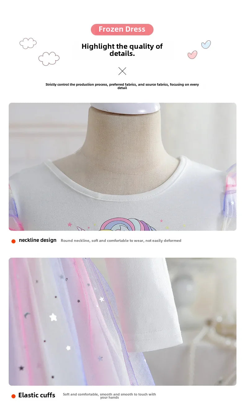 2024 Girls Long Sleeve Unicorn Birthday Dress Casual Children's Wear Rainbow Princess Skirt Sequins Mesh Gown