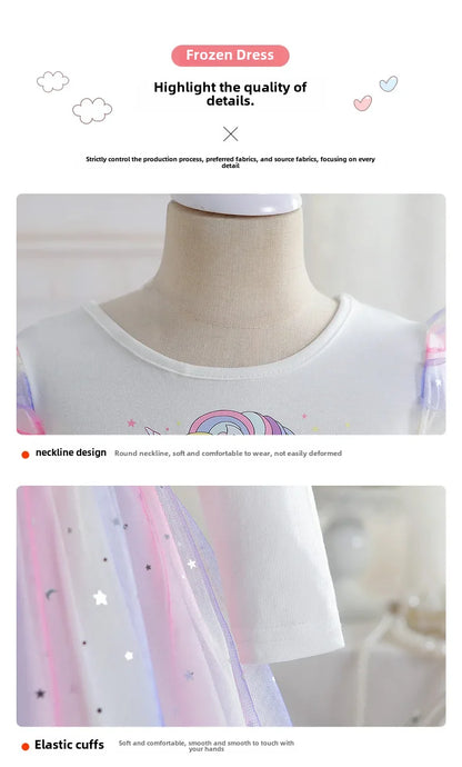 2024 Girls Long Sleeve Unicorn Birthday Dress Casual Children's Wear Rainbow Princess Skirt Sequins Mesh Gown