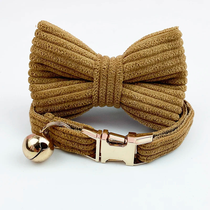 Personalized Corduroy Cat Collar with Engraved Name Plate, Bell & Bow Tie - Custom Breakaway Safety Collar
