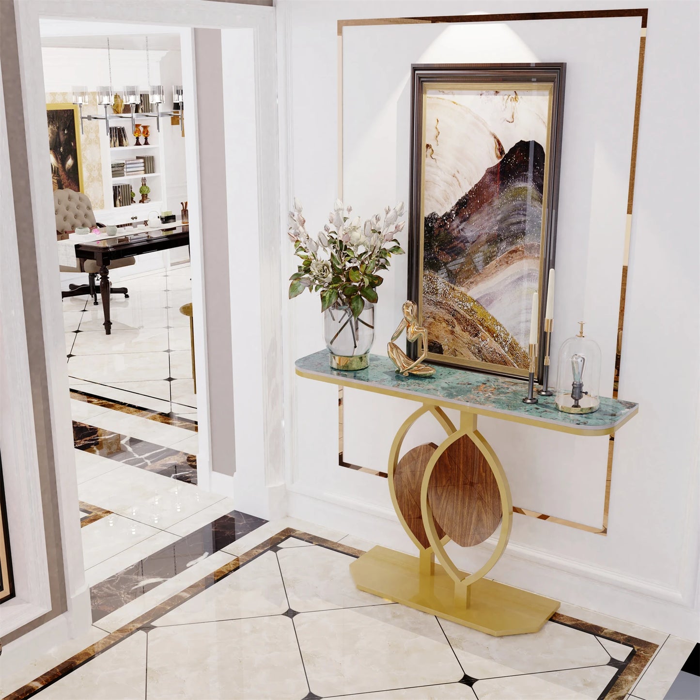 Exclusive Design Gold Leaf Console Table Entryway Accent Table Office Coffee Bar Metal Frame