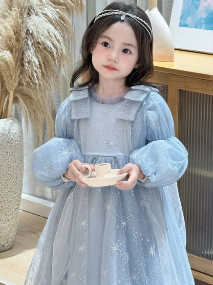 Girl's Elsa Frozen Princess Dress Long Sleeve Gown Elegant Costume for Baby Girl Birthday Party One-piece Dresses 3-9 Years Old