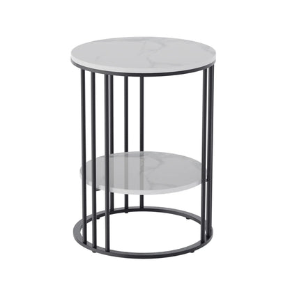 2 Tier Sintered Stone End Table Round White Sofa Side TableSmall Coffee Table with Black Frame - Modern Bedside Nightstand