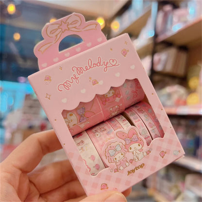 10Roll/Box Sanrio Kuromi Cinnamoroll Meloyd Tape Sticker Cute Cartoon Hello Kitty Handbook DIY Hot Stamping Stickers Kids Toys