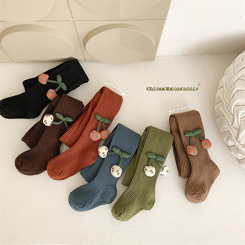 Girls Cotton Tights with Cherry Pattern - Soft Pantyhose for Kids Ages 2-10 Years