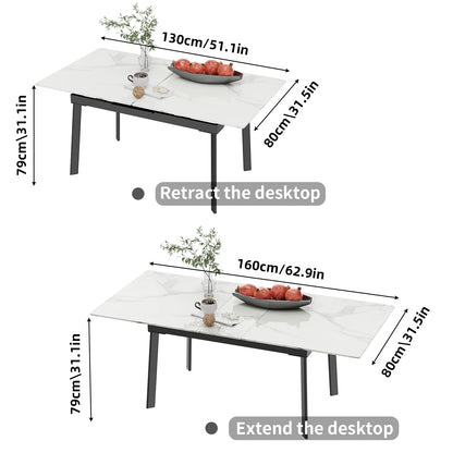 Kitchen Extendable Dining Table Stretchable 130-160cm High Gloss Marble Steel Legs Leaf Table for 4-8 People