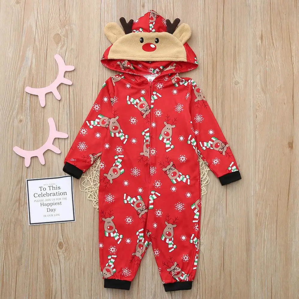 Christmas Family Matching Onesie - Elk Print Hooded Jumpsuit Pyjamas for Mom Dad Kids