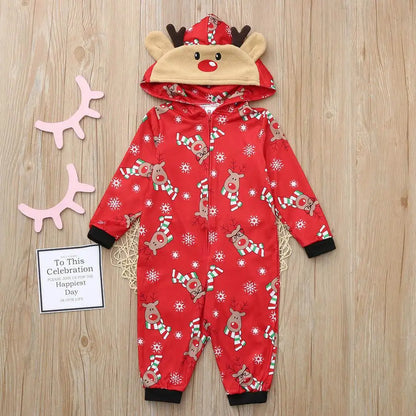 Christmas Family Matching Onesie - Elk Print Hooded Jumpsuit Pyjamas for Mom Dad Kids
