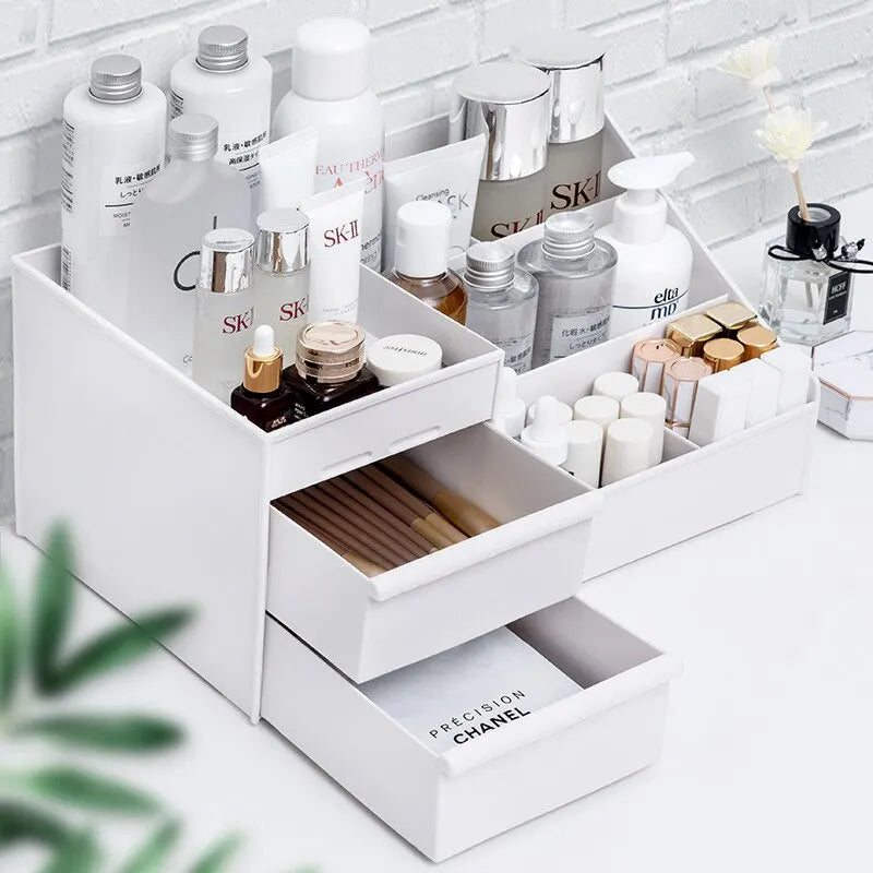 White Makeup Organizer with Drawers - Cosmetic Storage Box for Vanity & Dressing Table