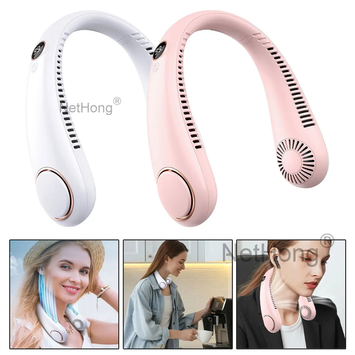Digital Display Portable Neck Fan USB Rechargeable Wearable Travel Fans`
