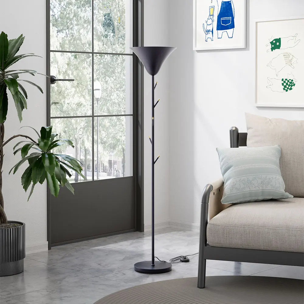KOMORE Modern Black E14 1-Light Floor Lamp with Coat Rack for Living Room Office, Bedroom, Hallway, Porch