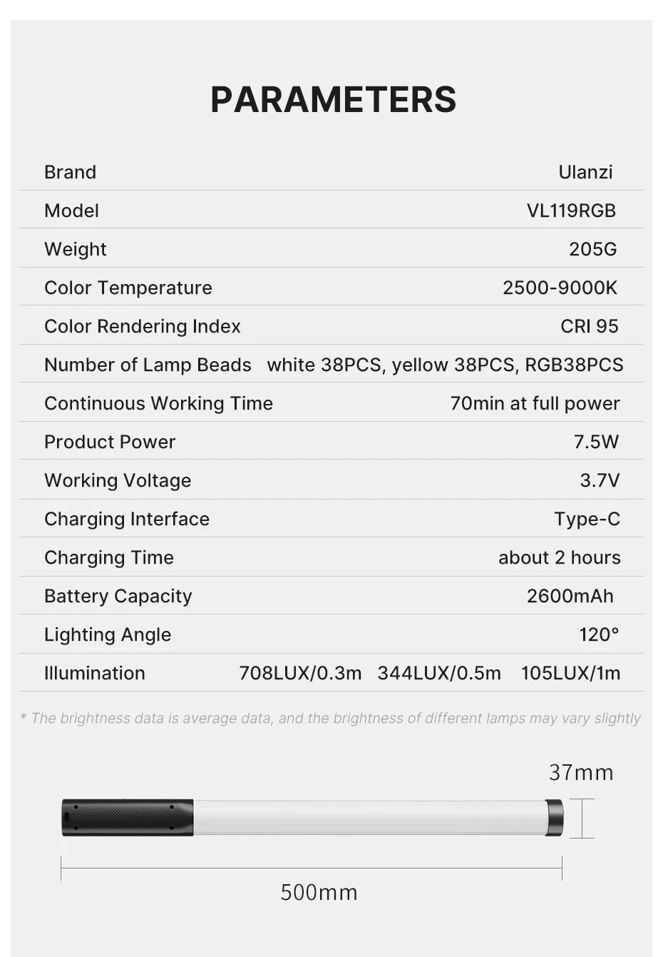Ulanzi VL119 Stick Light RGB Handheld Wand Tube LED Video Light CRI 95+ 2500K-9000K 2000mAh Photography Lighting Fill Lamp