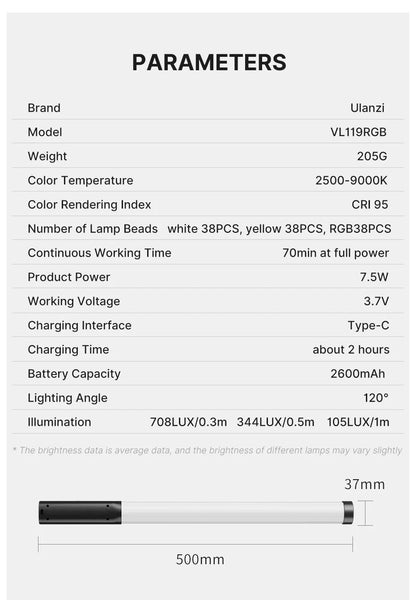 Ulanzi VL119 Stick Light RGB Handheld Wand Tube LED Video Light CRI 95+ 2500K-9000K 2000mAh Photography Lighting Fill Lamp