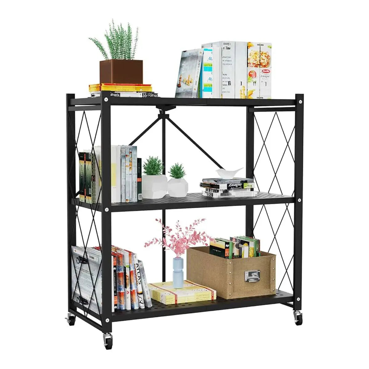 Folding Trolley Cart Shelf Storage Rack Rolling Office Wheels Metal 3/4/5 Tier