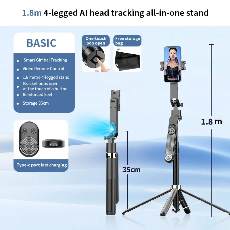 1.8m Extendable Auto Face Tracking Selfie Stick Tripod 360° Rotation Phone Stand with Wireless Remote for Tiktok YouTube Vlog
