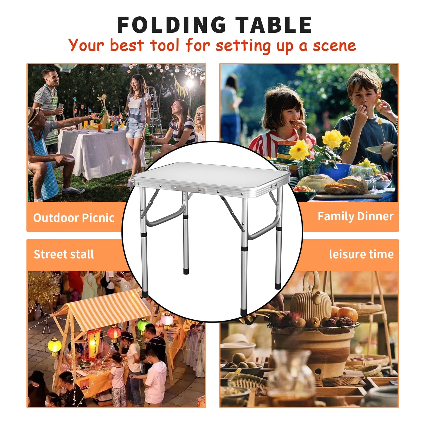 Folding Camping Table Outdoor Indoor Garden Balcony Market Kitchen Work Table Adjustable White Portable Picnic Table 60x45 cm
