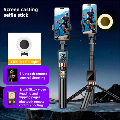 2025 New 5 in 1 Projection Rear Camera Selfie Stick with Selfie Monitor Screen Brush TikTok Bluetooth Remote Control Scrolling