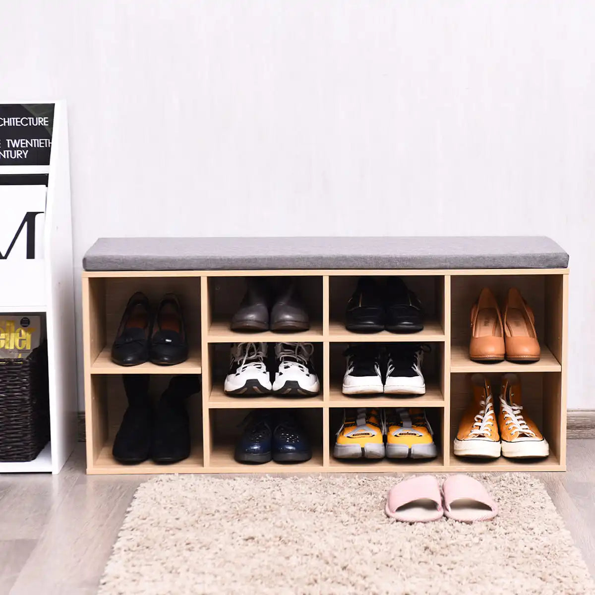 GOFLAME Wooden Shoe Bench Shoe Storage Rack Cabinet Organizer Seat Cushion-Natural