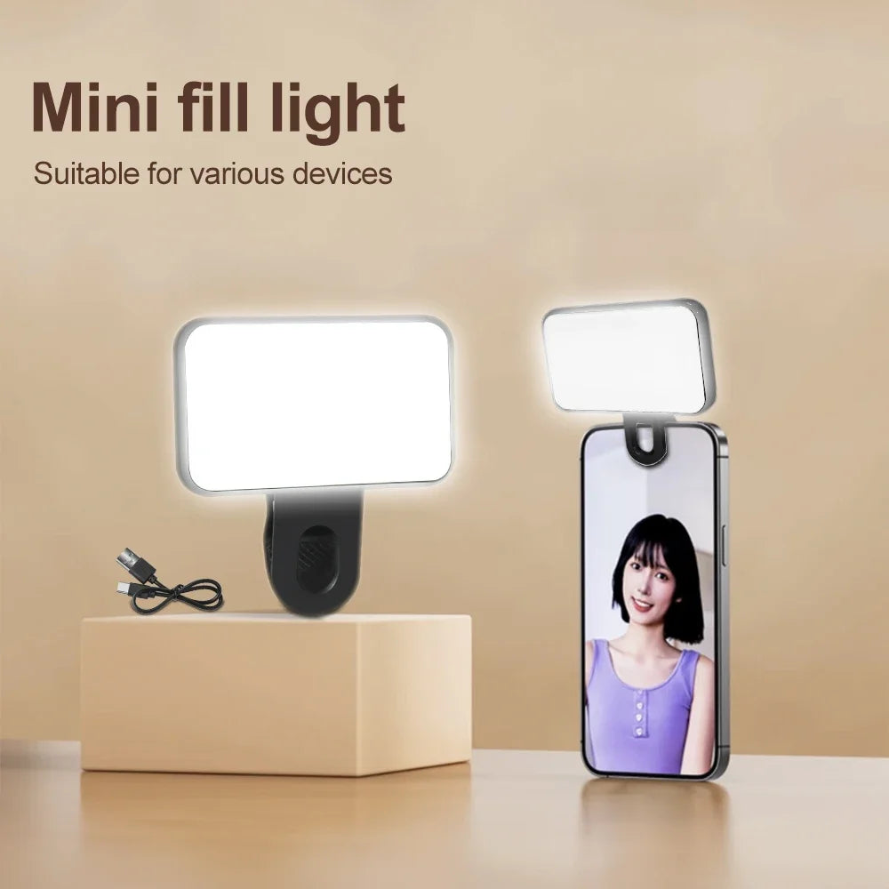 Mini Selfie Fill Light Rechargeable 3 Color Modes Adjustable Brightness Clip on Mobile Phones Computers Photography LED Lights