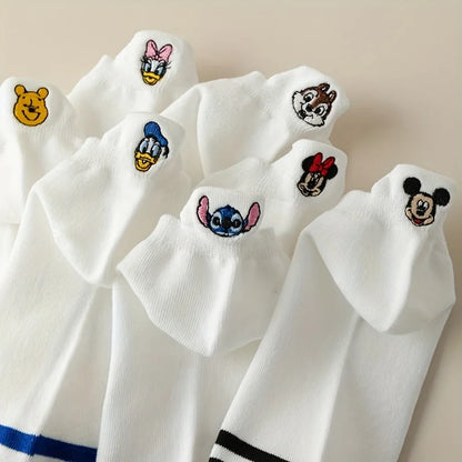5 Pairs Spring/Summer Women's Fashion Disney Sweet and Cute Cartoon Anime Embroidered Mickey Mouse Pattern Versatile Ear Socks
