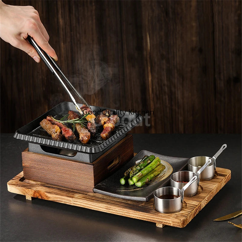 Dining room single and double tableware Cast iron barbecue plate Square alcohol oven baking tray Korean style barbecue stove set