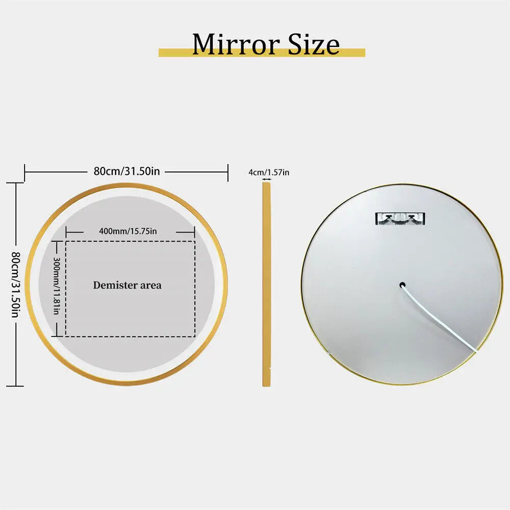 Bathroom Mirror with LED 60/80cm Round Illuminated Wall Mirror Aluminum Gold Frame Anti-fog 3 Lighting Color Memory Function