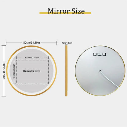Bathroom Mirror with LED 60/80cm Round Illuminated Wall Mirror Aluminum Gold Frame Anti-fog 3 Lighting Color Memory Function