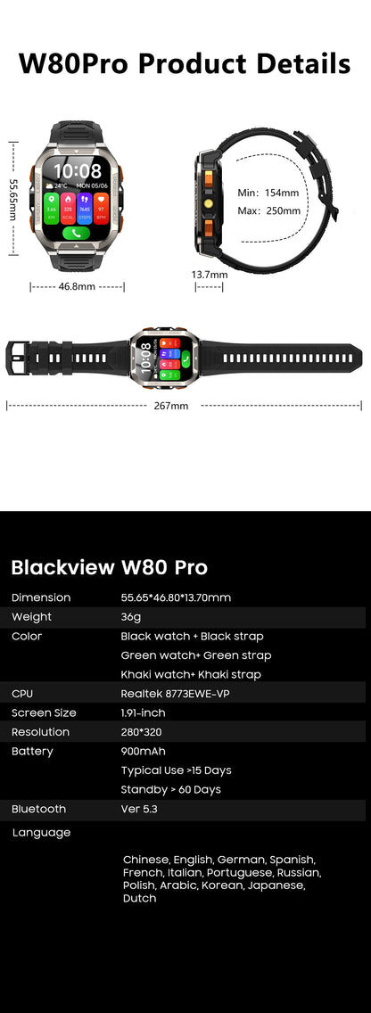 [World premiere]Blackview W80 PRO Outdoor Rugged Smart Watch, GPS Position Smartwatch, 1.91‘’ Display, 900mAh with Flashlight