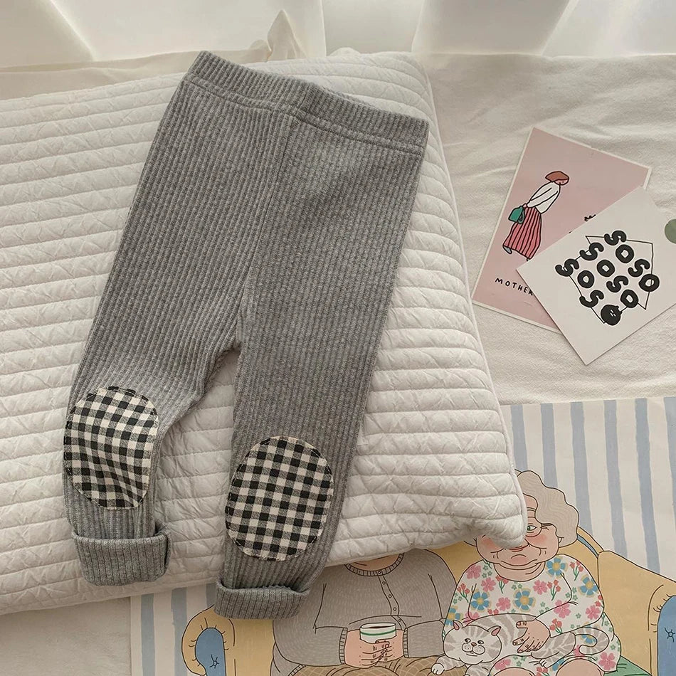 Kids Colorful Plaid Patched Feature Design Cute Warm Long Leggings Suitable Little Baby Trendy and Comfortable Clothing Matching