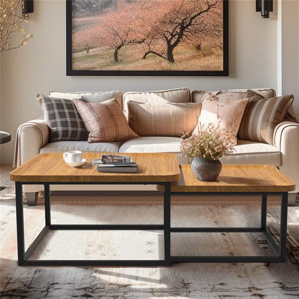 Industrial Coffee Table Set, Stacking Vintage Side End Table, Space Saving, Office Living Room Furniture, 2Pcs