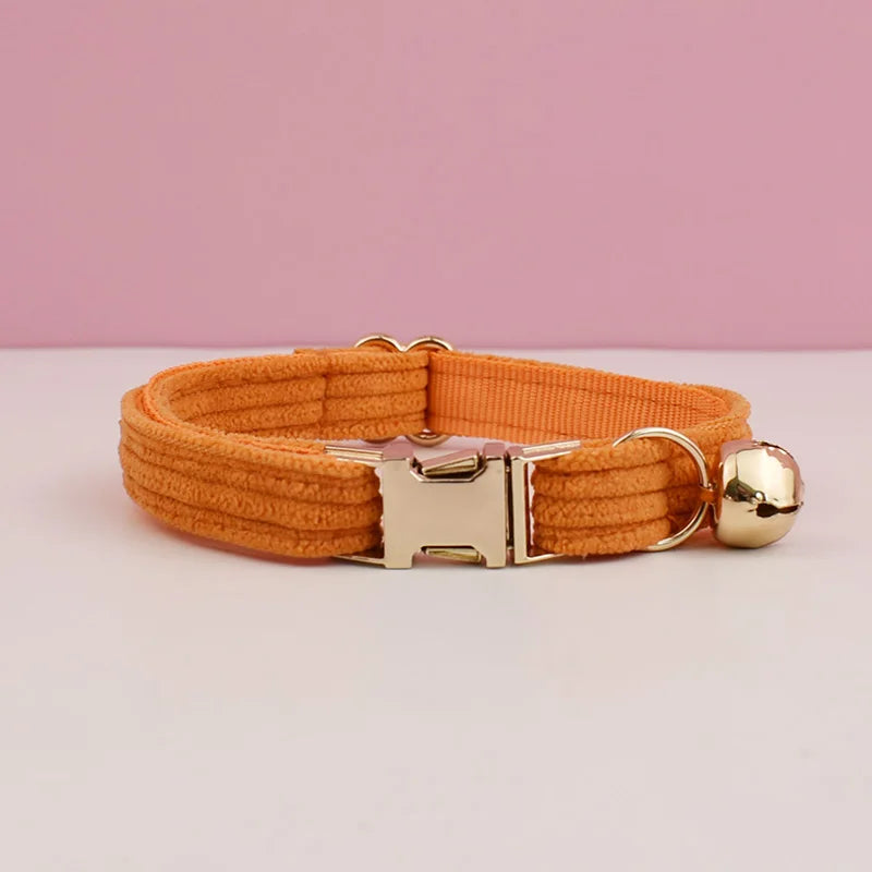 Personalized Corduroy Cat Collar with Engraved Name Plate, Bell & Bow Tie - Custom Breakaway Safety Collar
