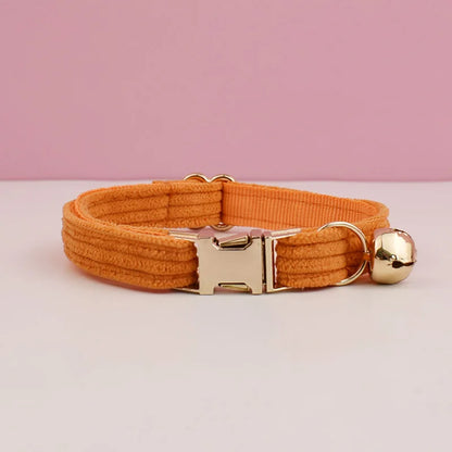 Personalized Corduroy Cat Collar with Engraved Name Plate, Bell & Bow Tie - Custom Breakaway Safety Collar
