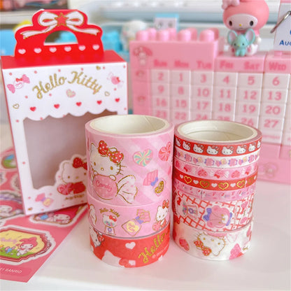 10Roll/Box Sanrio Kuromi Cinnamoroll Meloyd Tape Sticker Cute Cartoon Hello Kitty Handbook DIY Hot Stamping Stickers Kids Toys