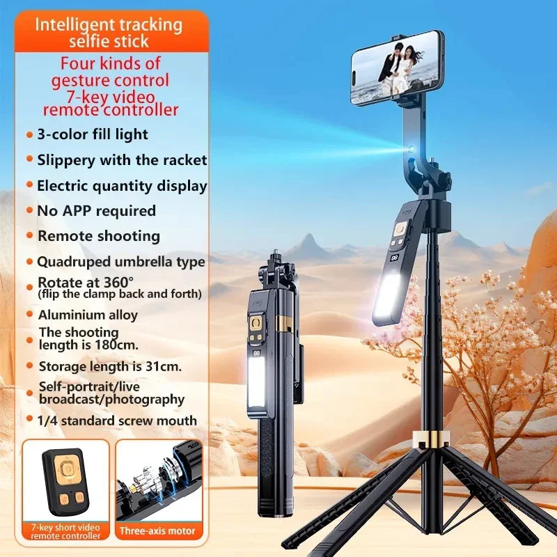 LISCN 1.8m 360 Gimbal Selfie Stick AI Intelligent Auto Face Tracking Tripod Stabilizer Phone Tripod with LED Fill Light