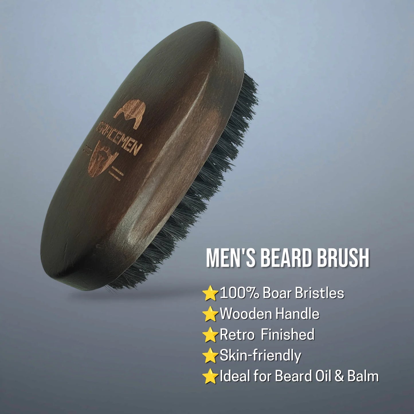 Gracemen Premium Dark Retro Beard Brush Oval Facial Brush for Men - 100 % Boar Bristle and Old-Styled Wooden Handle Hair Comb