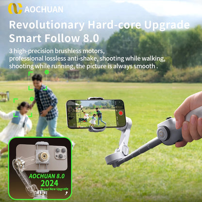AOCHUAN 3-Axis Handheld Gimbal Phone Stabilizer with Extension Rod  8.0 Anti Shake Face Tracking for Phone Outdoor Shooting Vlog