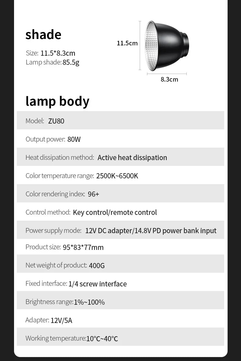 ZU80/ZU60 Photo Studio Light COB Bi-Color 2500-8500K CRI≥95 TLCI≥97 With Diffuser LED Video Lights Fill Lighting